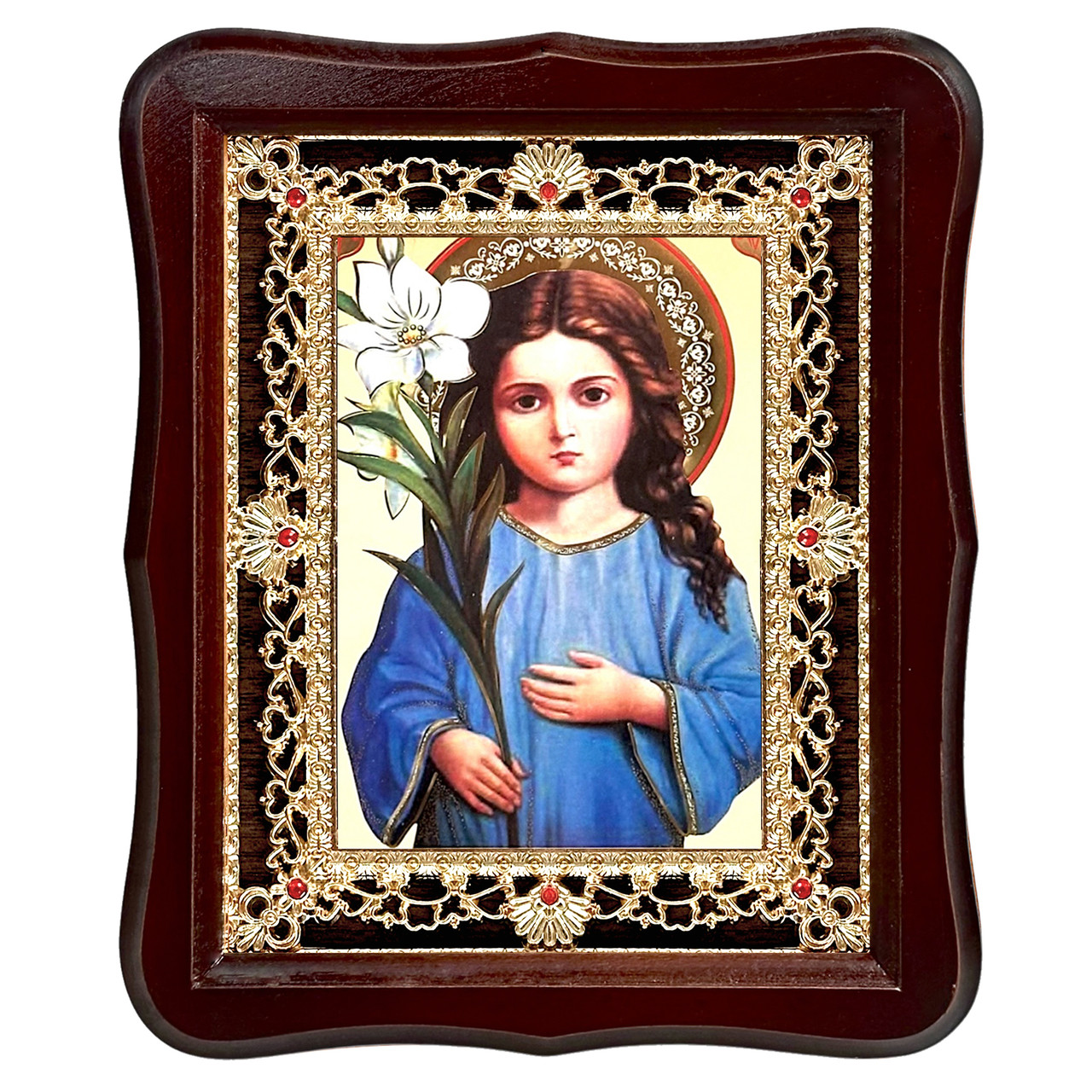 Ікона Трилиствуюча Божої Матері, лик 15х18 см, у темному дерев'яному кіоті з камінням, фото 1