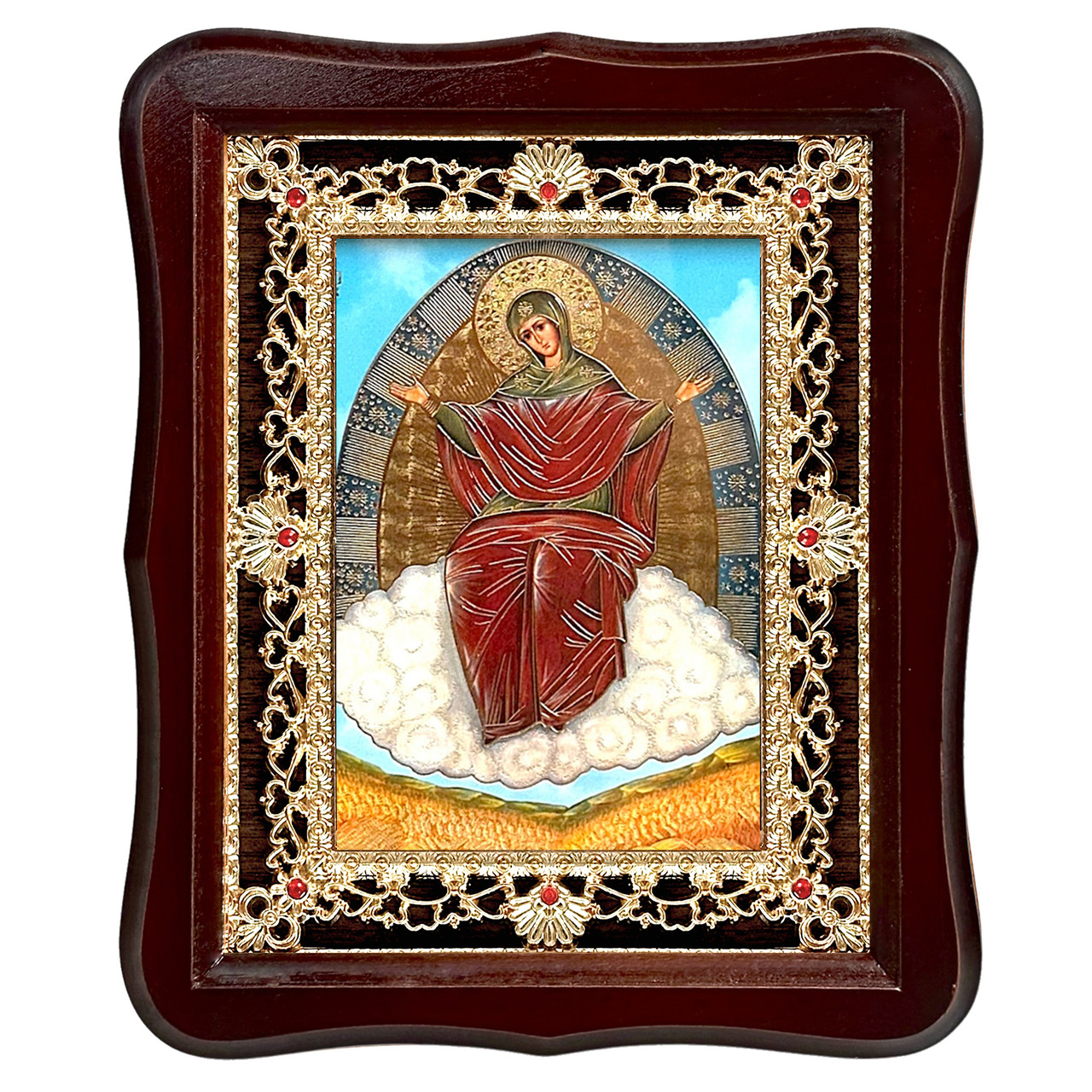 Ікона Спорителька хлібів Пресвята Богородиця, лик 15х18 см, у темному дерев'яному кіоті з камінням, фото 1