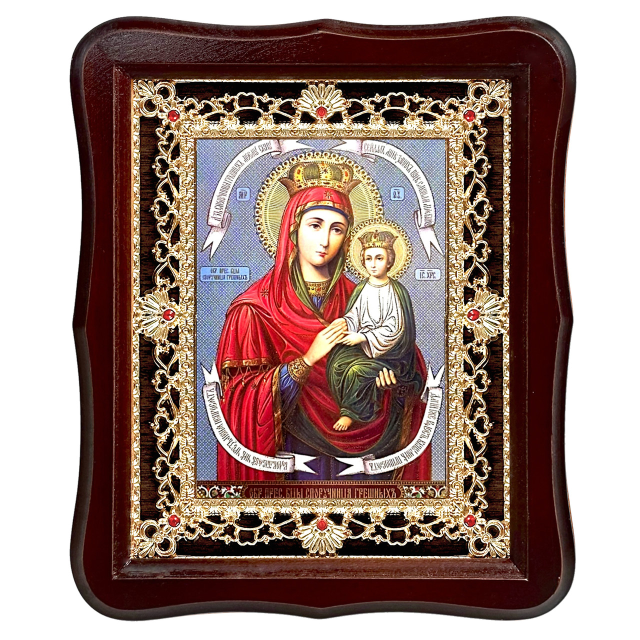 Ікона Споручниця грішних Пресвята Богородиця, лик 15х18 см, у темному дерев'яному кіоті з камінням, фото 1