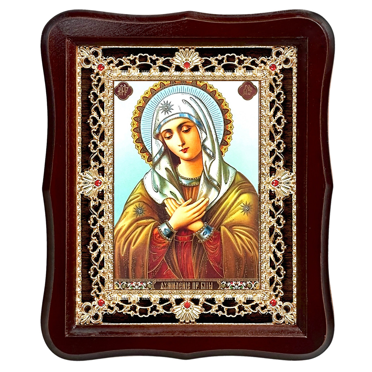 Ікона Розчулення Пресвятої Богородиці, лик 15х18 см, у темному дерев'яному кіоті з камінням, фото 1