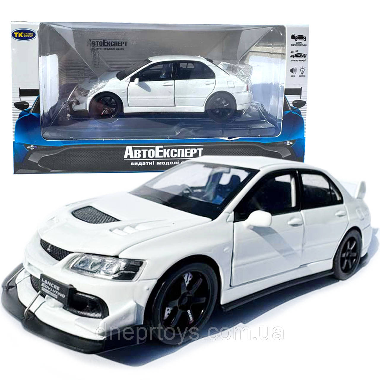 Mitsubishi Машинка метал Lancer Evolution IX біла 1:32 світло звук інерція відч двері баг капот 15*5,5*4,5см (TK-20651), фото 1
