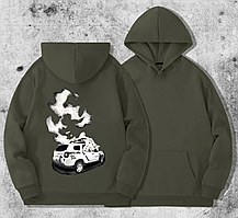 Чоловічий худі на флісі з принтом Горить машина поліції 2 версія , Хакі