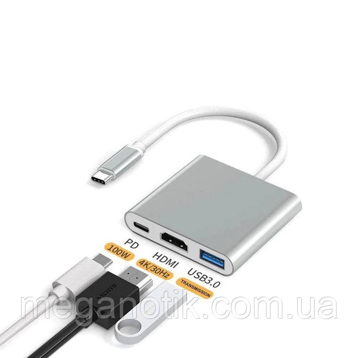 Type-C хаб 3-в-1 (HDMI, USB 3.0, PD 100W) (K945), фото 1