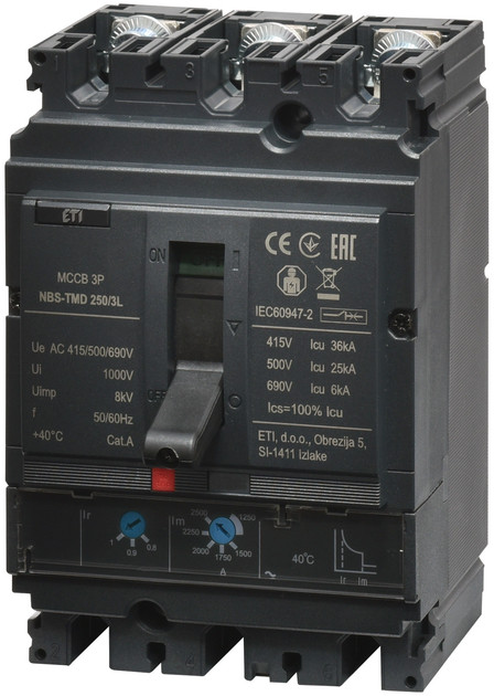Автоматичний вимикач NBS-TMD 250/3L 200A (36kA, (0.8-1)In/(5-10)In) 3P ETI