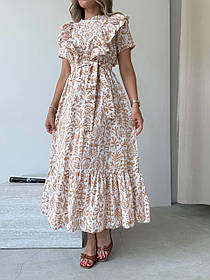 Жіноча сукня батістова міді з поясом та графічним принтом