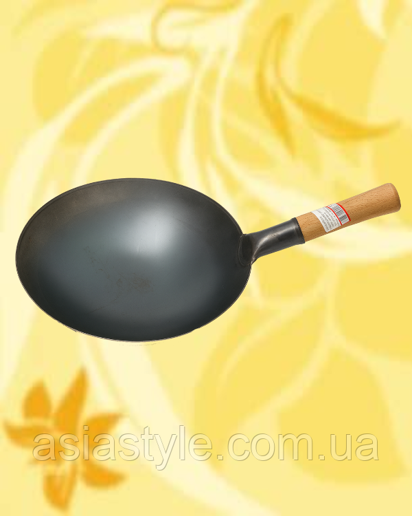 Японський карбоновий вок з деревʼяною ручкою, Japanese Carbon Steel Wok, Yamada Kogyo, 36 см, Ч, фото 1