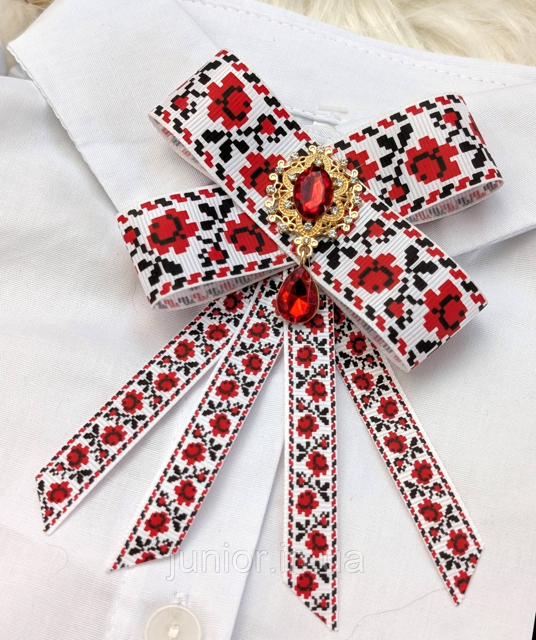 Шкільна брошка Бант Червона в стилі вишиванки на шпильці, фото 1