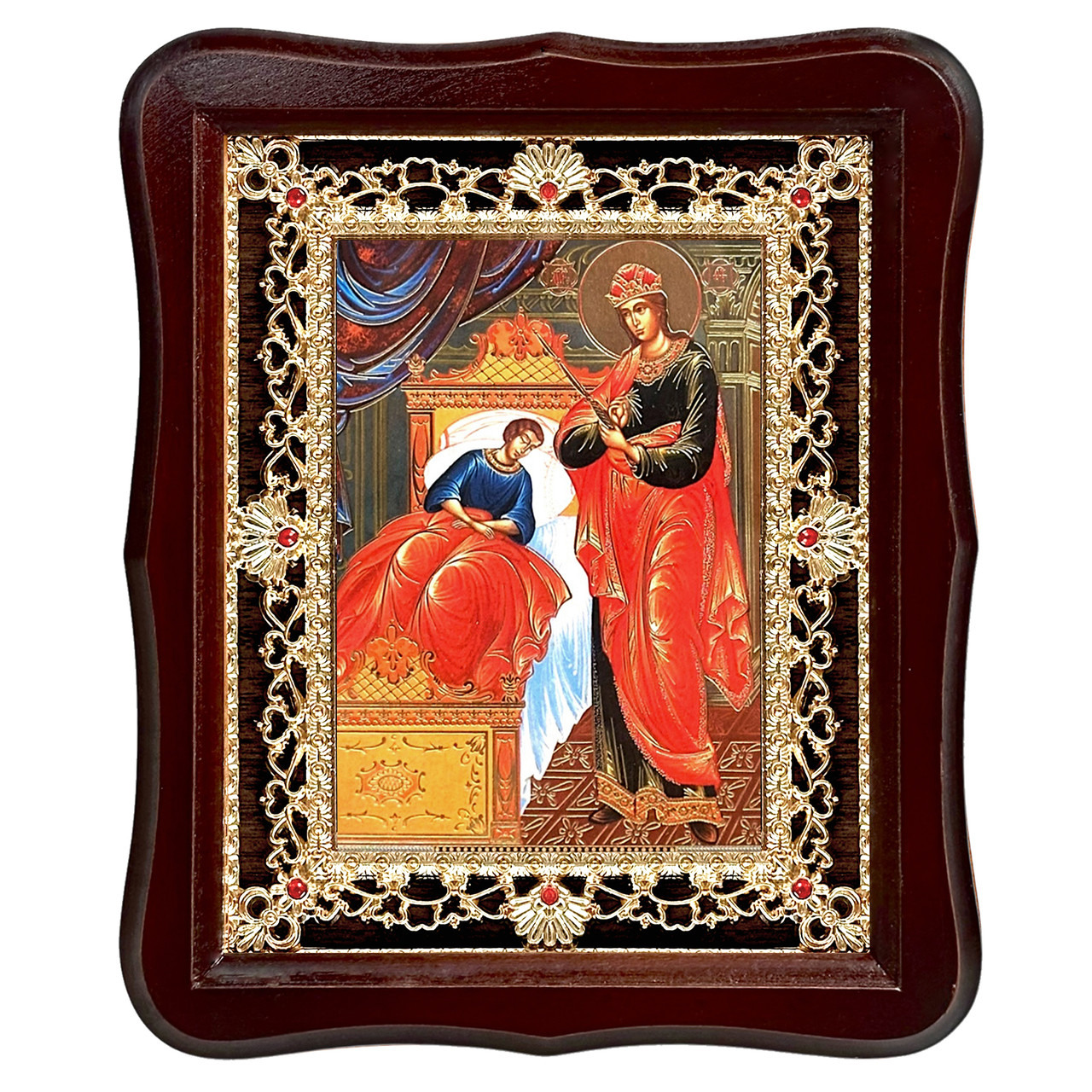 Ікона Цілителька Пресвятої Богородиці, лик 15х18 см, у темному дерев'яному кіоті з камінням, фото 1