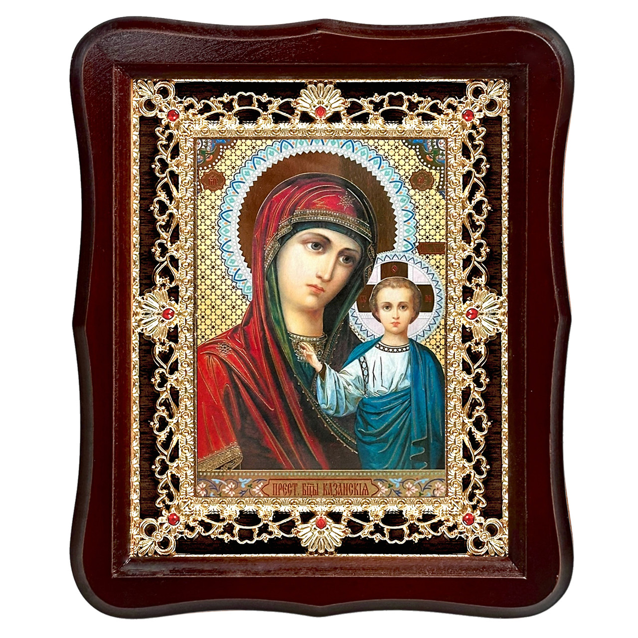 Ікона Казанська Пресвята Богородиця, лик 15х18 см, у темному дерев'яному кіоті з камінням, фото 1