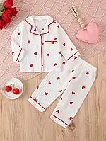 Муслінова піжама для дівчинки Біла Червоні сердечка 92-98 см Дитяча піжама бавовняна Красива піжама