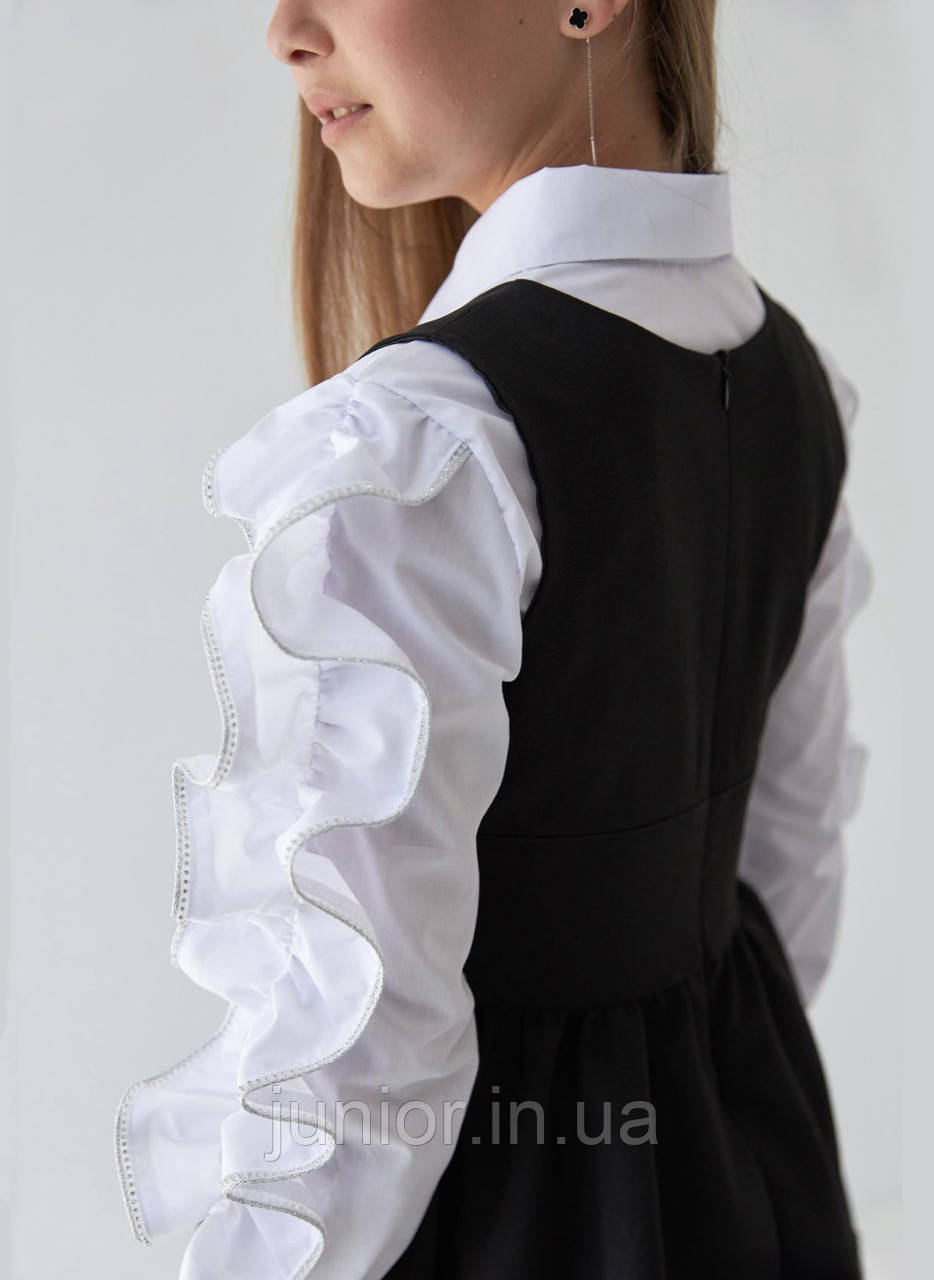 Біла Блуза з воланами та стразами | Нарядна Блузка з довгим рукавом (116-128р), фото 1