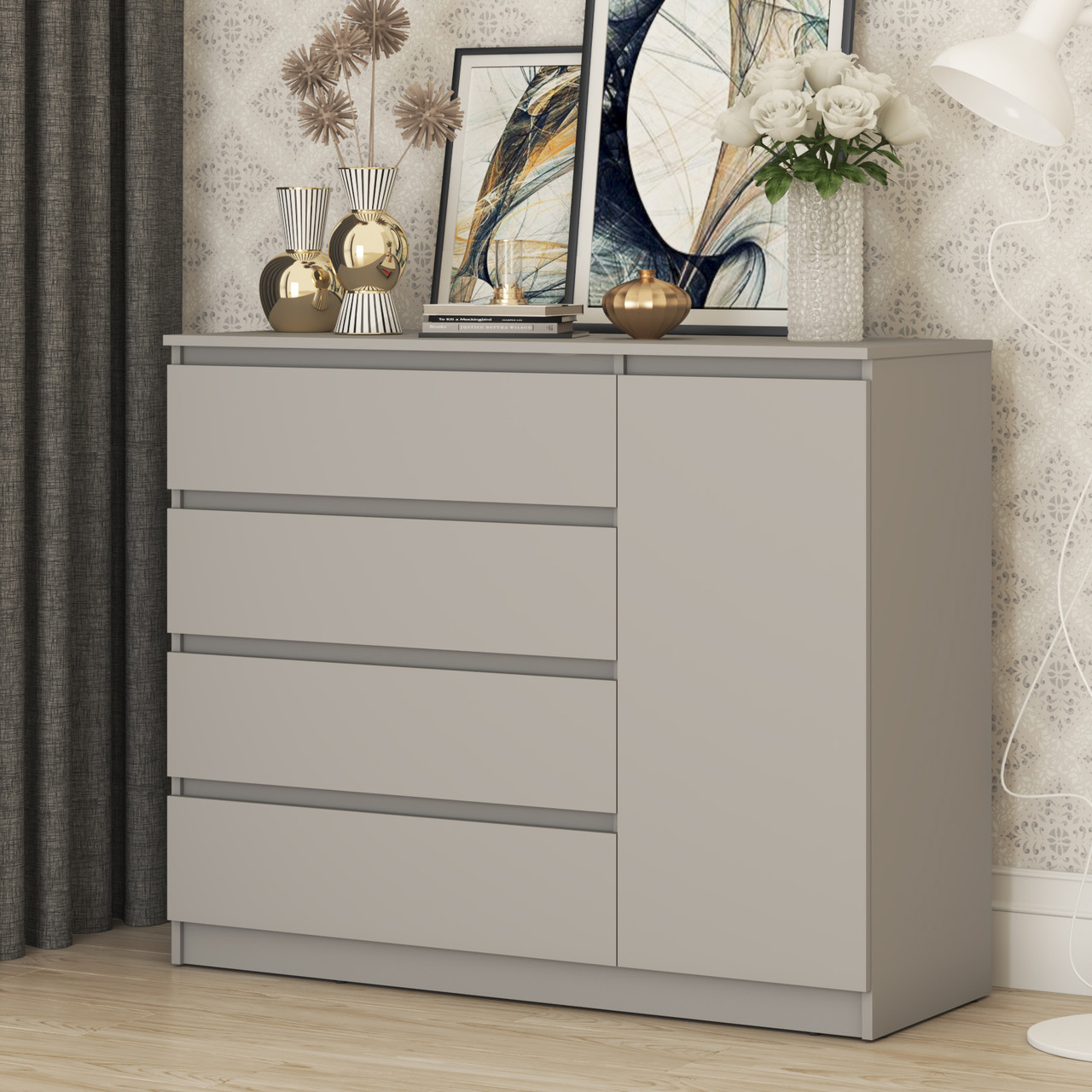 Сучасний комбінований сірий комод 120 см з шухлядами та полицями без ручок у вітальню зал ДСП Нео Мебель Стар