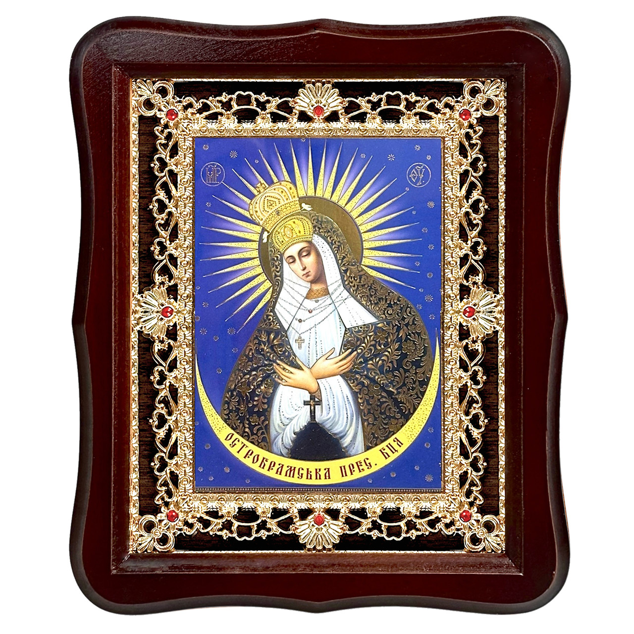 Ікона Остробрамська Пресвята Богородиця, лик 15х18 см, у темному дерев'яному кіоті з камінням, фото 1