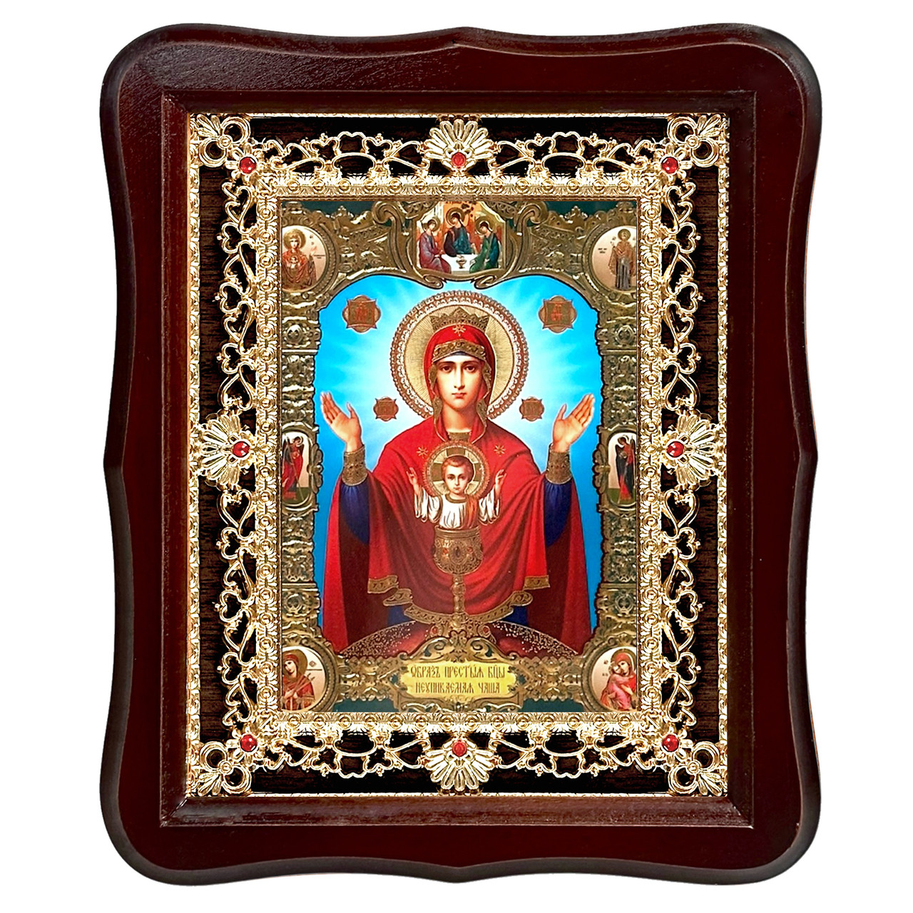 Ікона Невпинна чаша Пресвята Богородиця, лик 15х18 см, у темному дерев'яному кіоті з камінням, фото 1