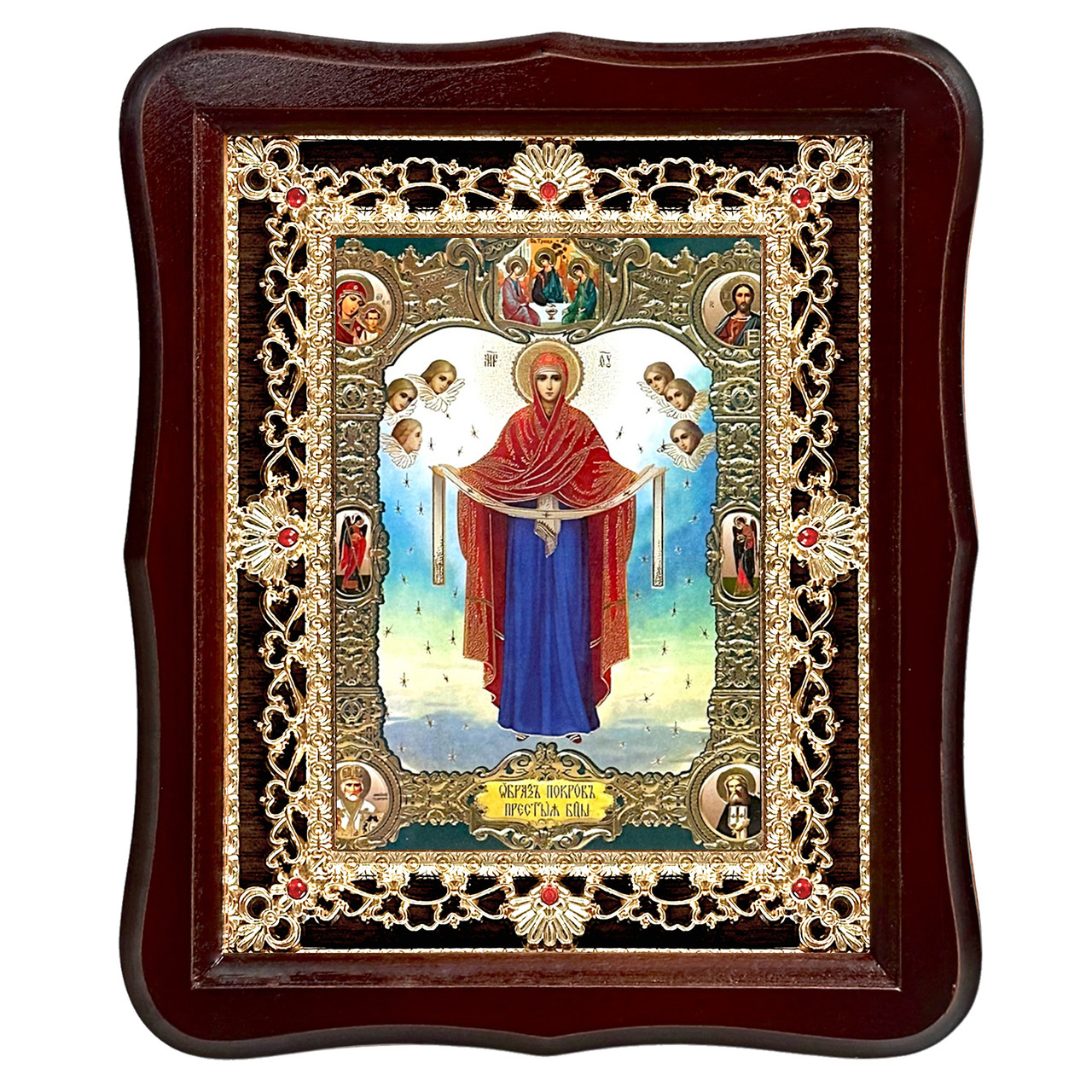 Ікона Покрова Пресвята Богородиці, лик 15х18 см, у темному дерев'яному кіоті з камінням, фото 1