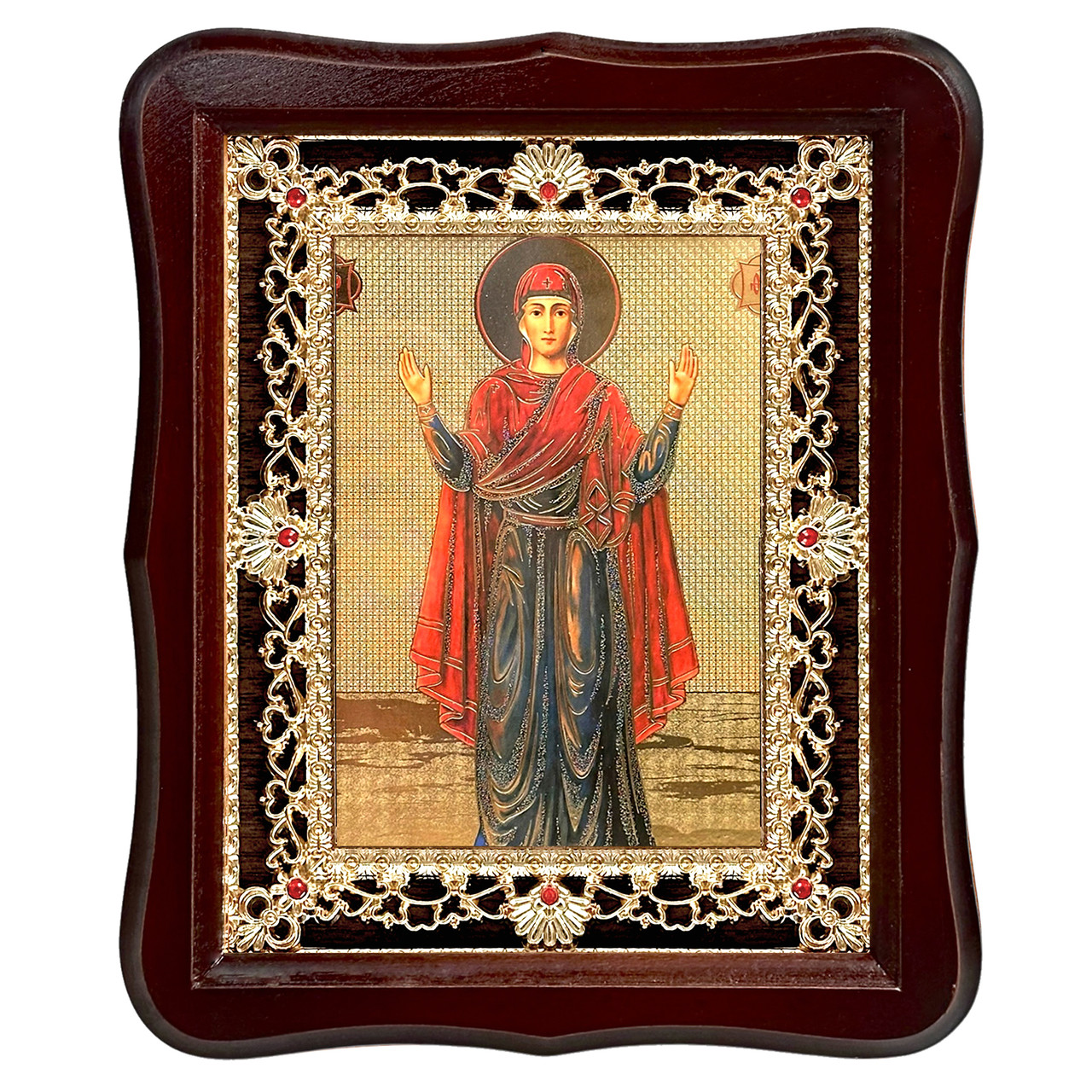 Ікона Непорушна стіна Пресвята Богородиця, лик 15х18 см, у темному дерев'яному кіоті з камінням, фото 1