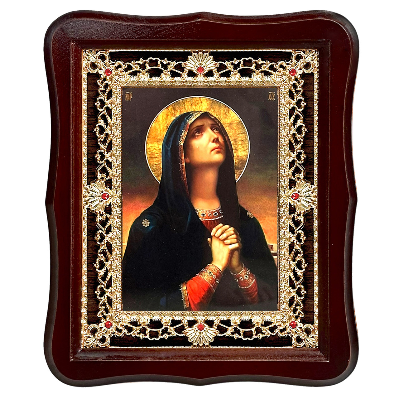 Ікона Скорботна Пресвята Богородиця, лик 15х18 см, у темному дерев'яному кіоті з камінням, фото 1