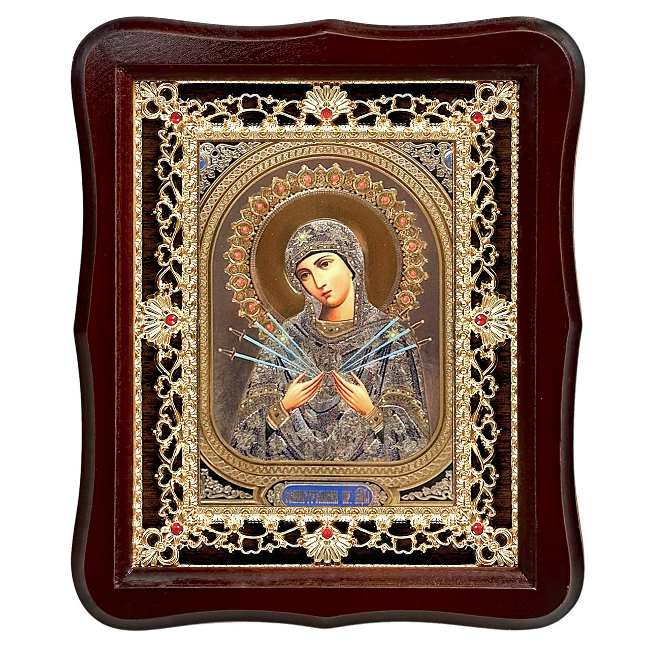 Ікона Семистрільна Пресвята Богородиця, лик 15х18 см, у темному дерев'яному кіоті з камінням, фото 1