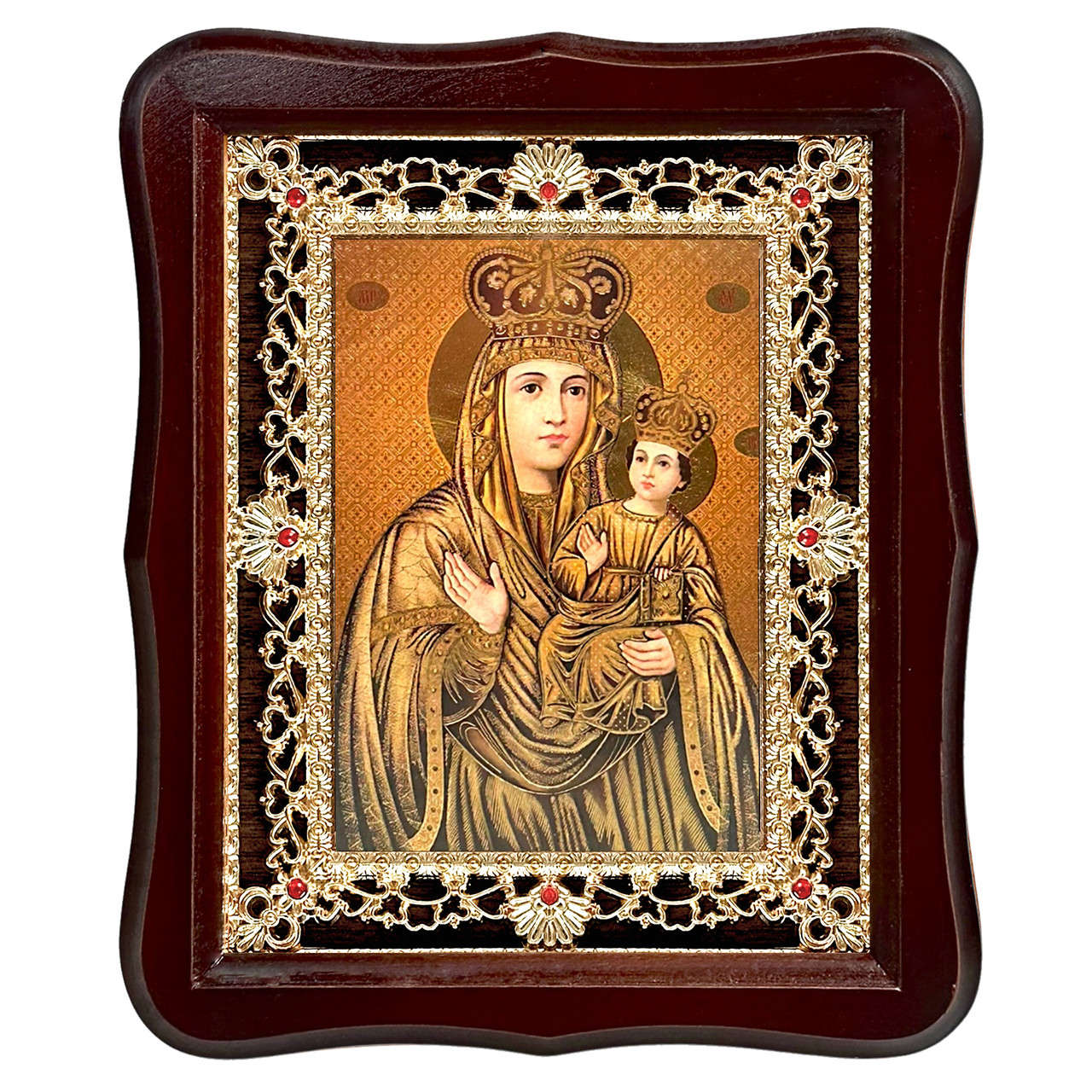 Ікона Зарваницька Пресвята Богородиця, лик 15х18 см, у темному дерев'яному кіоті з камінням, фото 1