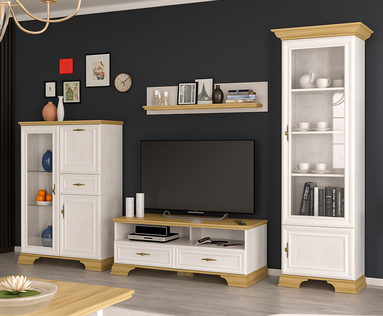 Сучасна модульна тв стінка під телевізор у вітальню зал класика біла Іріс Мебель Сервіс 285 см