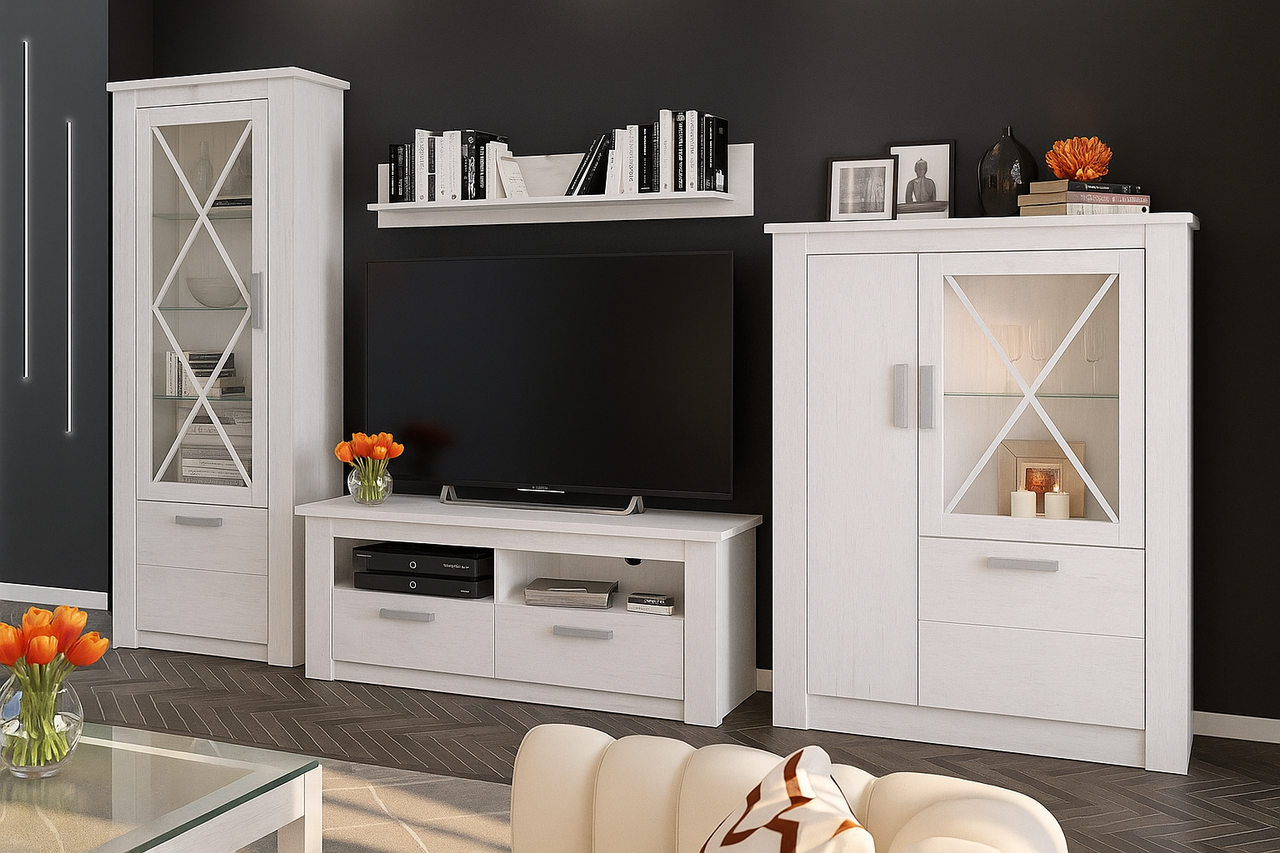 Біла модульна набірна тв стінка прованс під телевізор у вітальню зал Джорджіа Мебель Сервіс 334 см