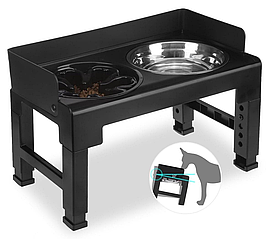 Миска для собак Pakeway 2 х 2 л подвійна на підставці, з нержавійкою і мискою-лабіринт, Чорна