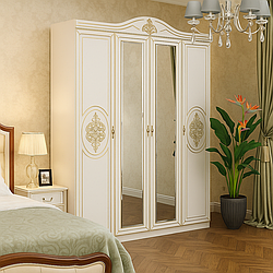 Платтяна розпашна біла чотирьохдверна шафа 4Д класика з дзеркалом для одягу в спальню Мілан Мебель Сервіс