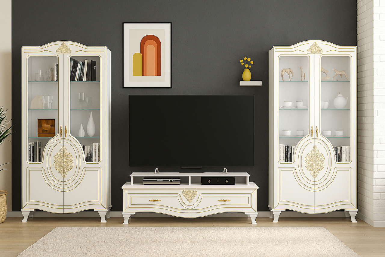 Класична біла модульна гірка стінка класика під телевізор у вітальню, зал 3,5 метра Мілан Мебель Сервіс, фото 1