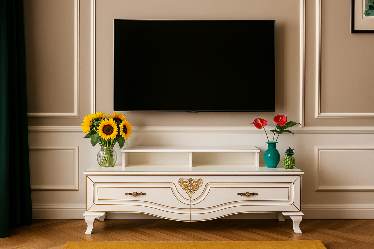 Сучасна класика біла ТВ тумба під телевізор з шухлядами на ніжках у вітальню, зал Мілан Мебель Сервіс, фото 1