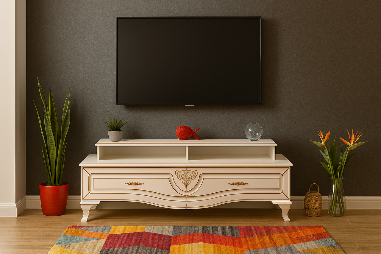 Класична біла тумба під телевізор на ніжках з шухлядами у вітальню Мілан Мебель Сервіс