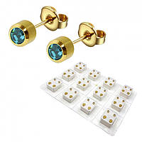 Сережки-гвоздики пусети Studex середні завальцьовані золото, камінь блакитний циркон, 3 мм R212Y