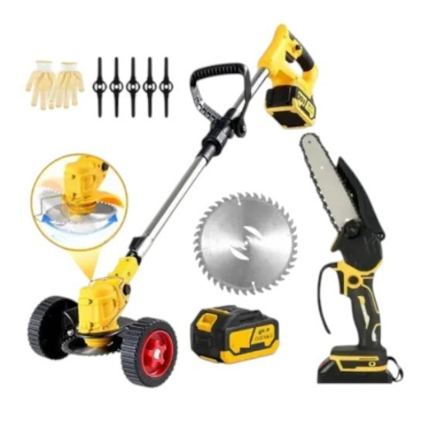 Набір для саду газонокосарка з коліщатками та пила ланцюгова акумуляторна 48V Н10 Жовті, фото 1