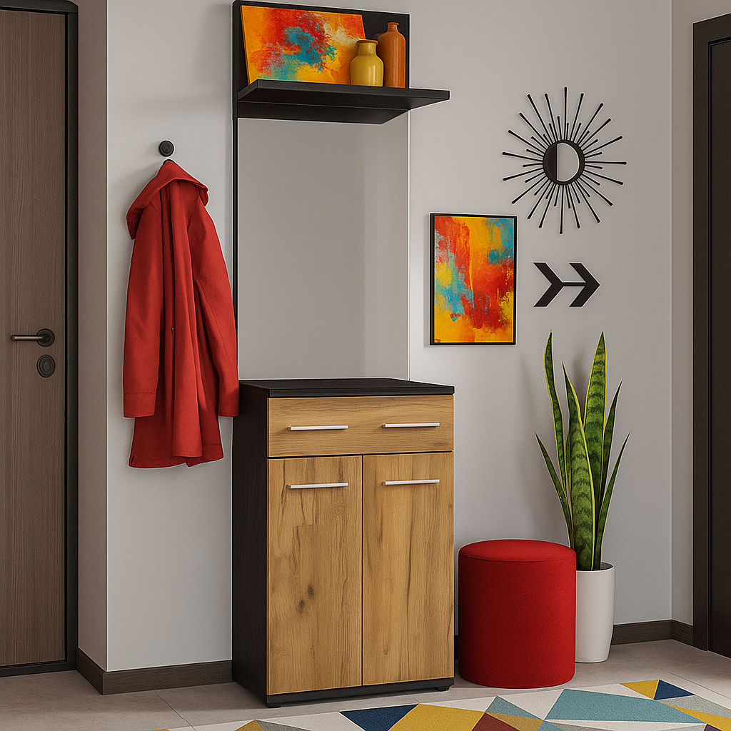 Сучасний вузький комод для взуття з дзеркалом у передпокій коридор 60 см Тріо Мебель Сервіс венге
