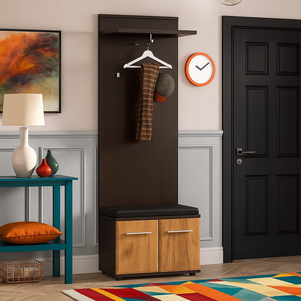 Сучасна вузька тумба для взуття з м'яким сидінням та вішалкою в маленький коридор 60х203 см Тріо Мебель Сервіс дуб крафт/венге, фото 1