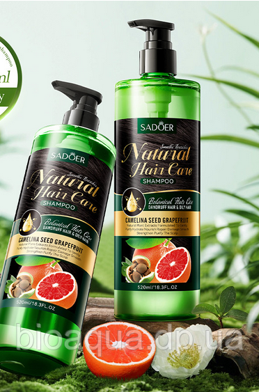 Шампунь для волосся проти лупи з насінням камелії й екстрактом грейпфрута контроль жирності Sadoer, 520 мл