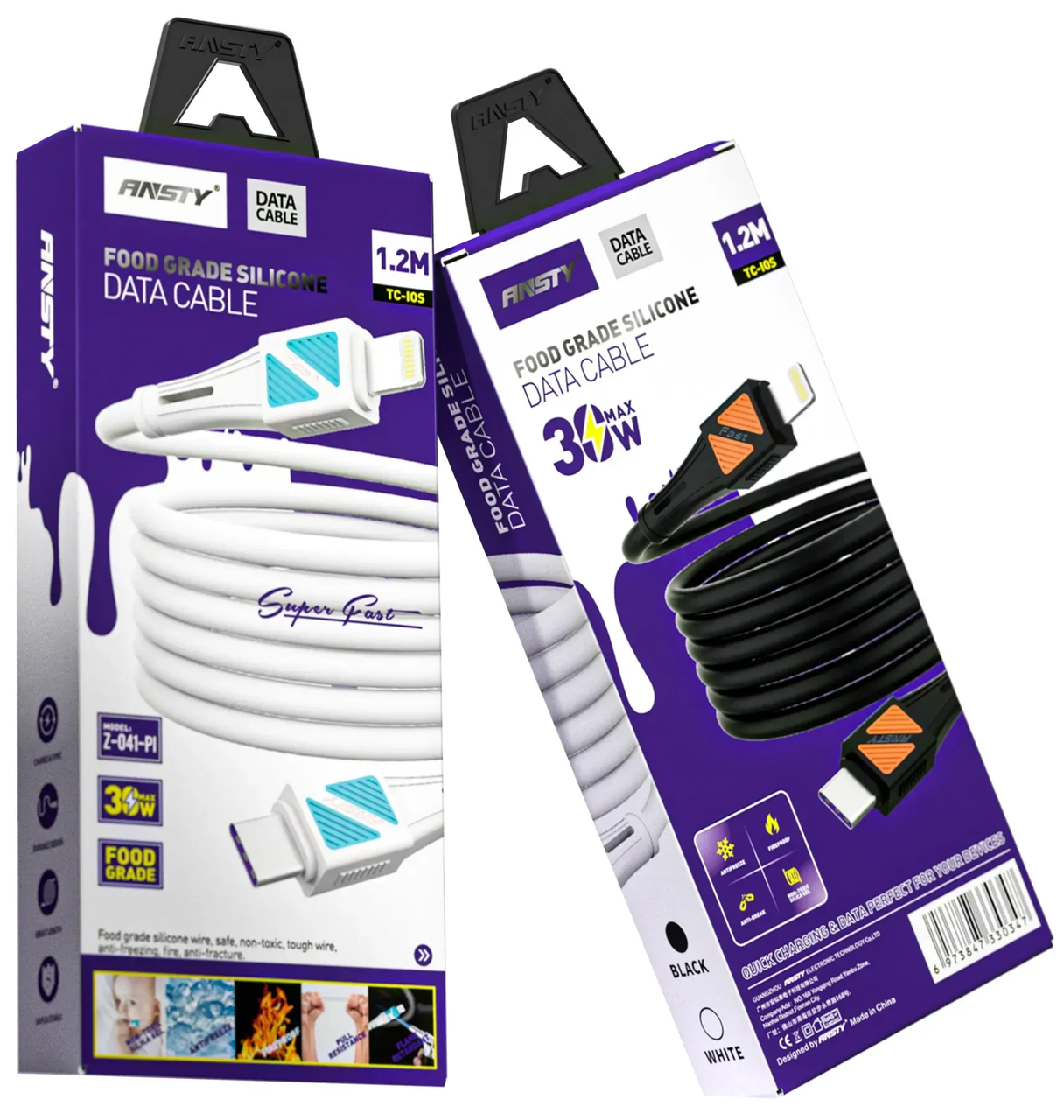 Кабель ANSTY Z-041-PI Type-C to Lightning Silicone 30W 3A 1.2M White, фото 1