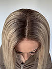 Перука з натурального волосся блонд з імітацією шкіри голови, затемнене коріння, фото 5