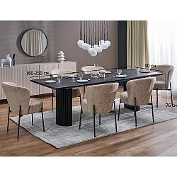 Стіл обідній з 4 стільцями Bolero 160-250х90 см чорний з бежевими тканинними стільцями