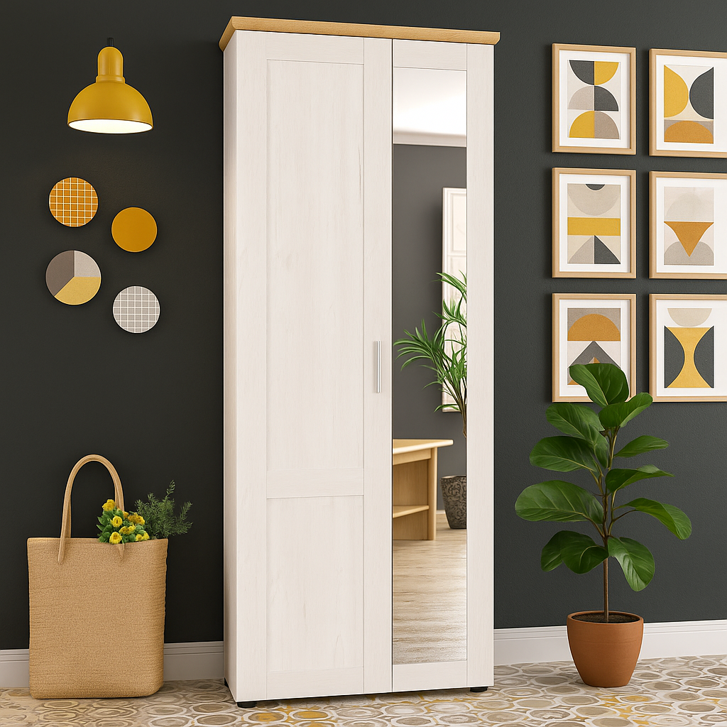 Маленька розпашна вузька біла шафа з дзеркалом для верхнього одягу в передпокій коридор Лора Мебель Сервіс