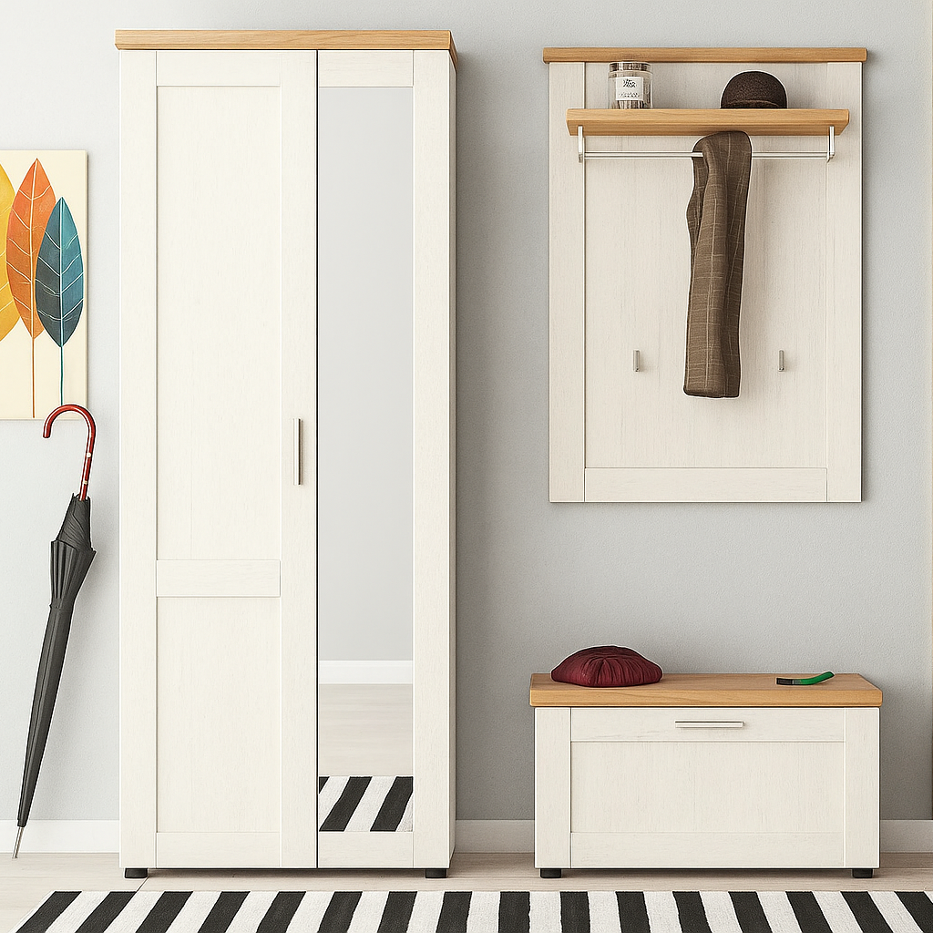 Стильна біла вузька модульна прихожа 160 см з шафою і тумбою для взуття в коридор Лора Мебель Сервіс