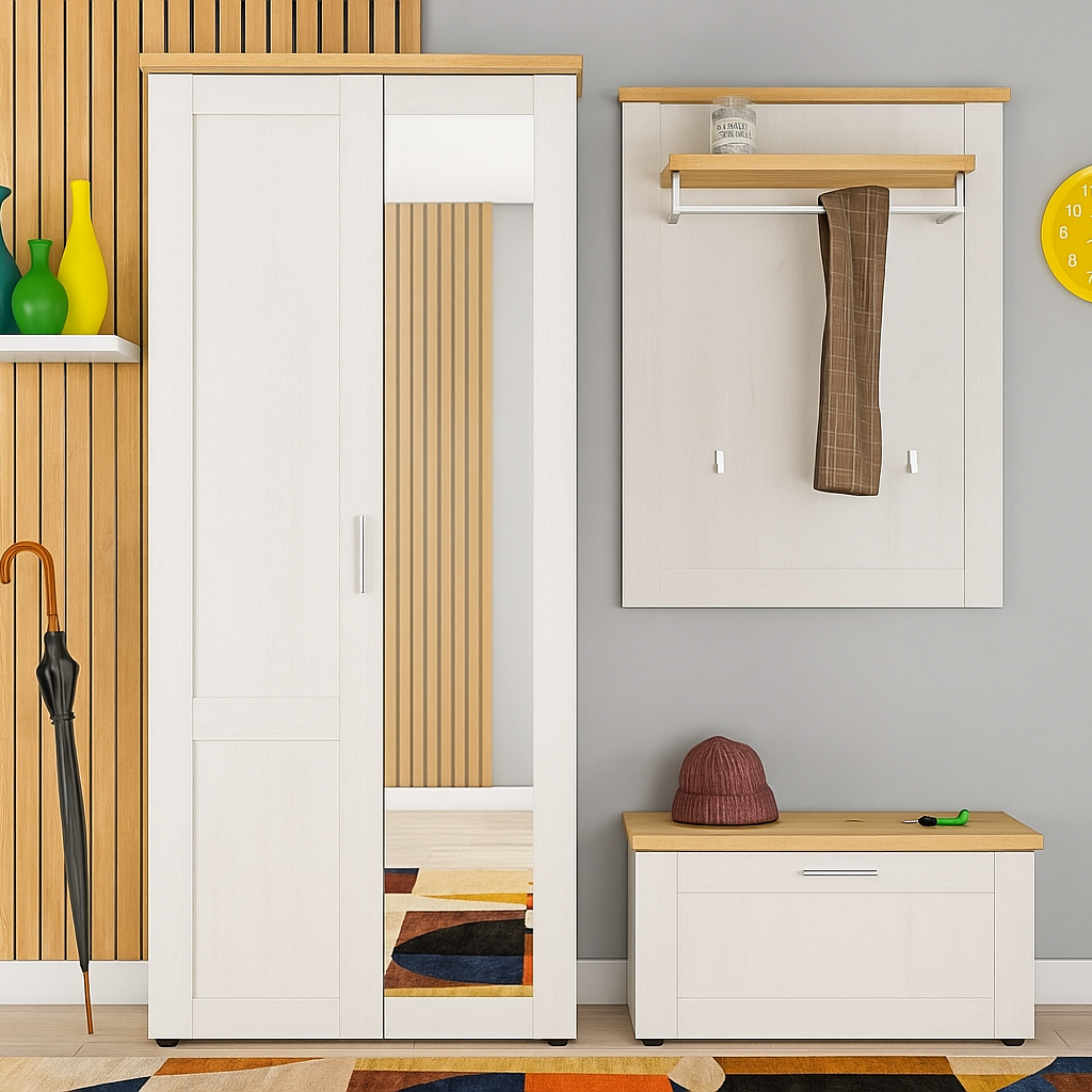 Сучасний модульний передпокій у вузький коридор білий з сидінням і шафою з дзеркалом Лора 157 см Мебель Сервіс, фото 1