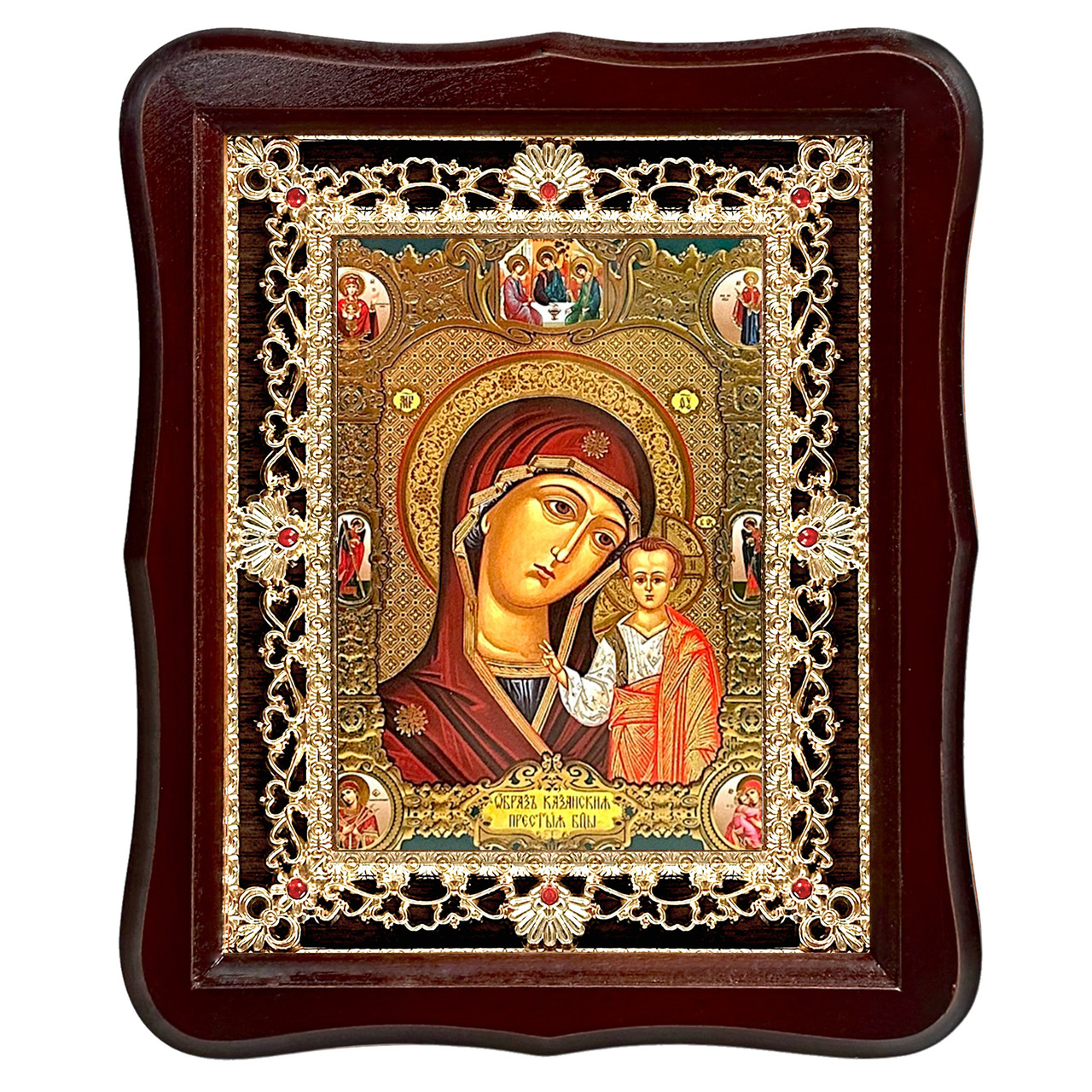 Ікона Казанська Пресвята Богородиця, лик 15х18 см, у темному дерев'яному кіоті з камінням, фото 1