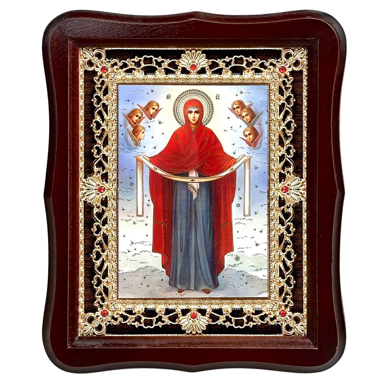 Ікона Покрова Пресвята Богородиця, лик 15х18 см, у темному дерев'яному кіоті з камінням, фото 1