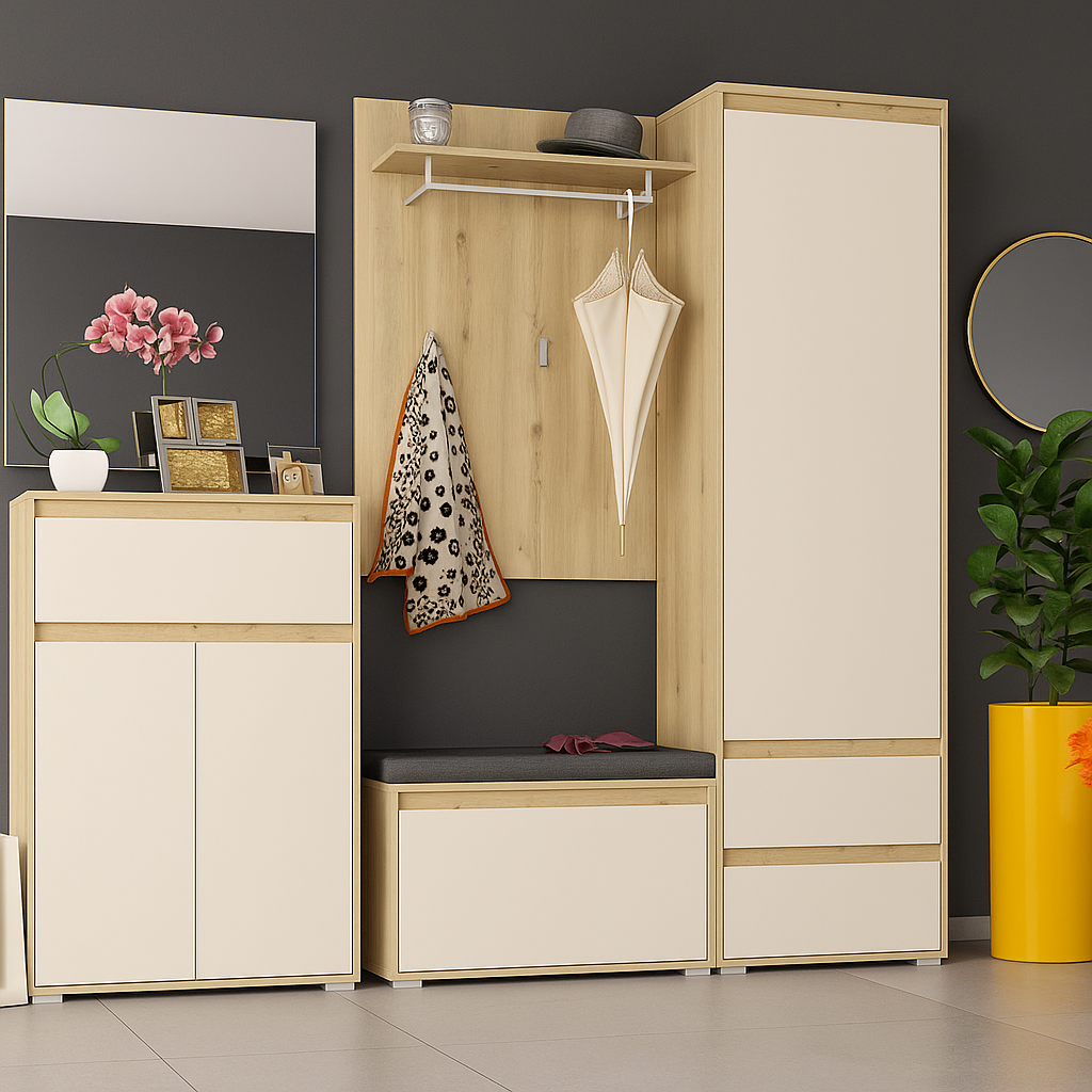 Стильний модульний передпокій у довгий вузький коридор з дзеркалом і тумбою для взуття бежевий Торіно 206 см Мебель Сервіс, фото 1