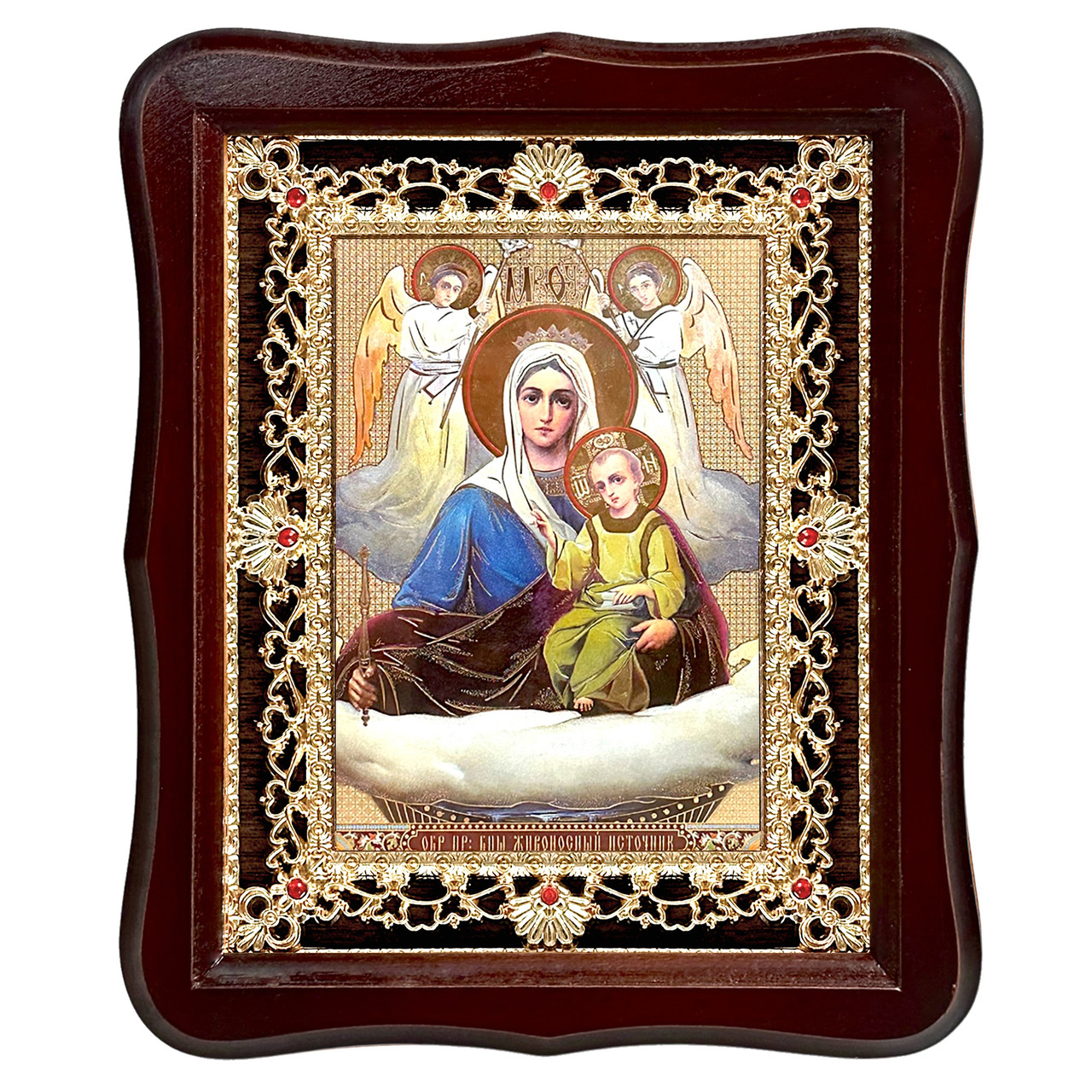 Ікона Живоносне джерело Пресвята Богородиця, лик 15х18 см, у темному дерев'яному кіоті з камінням, фото 1