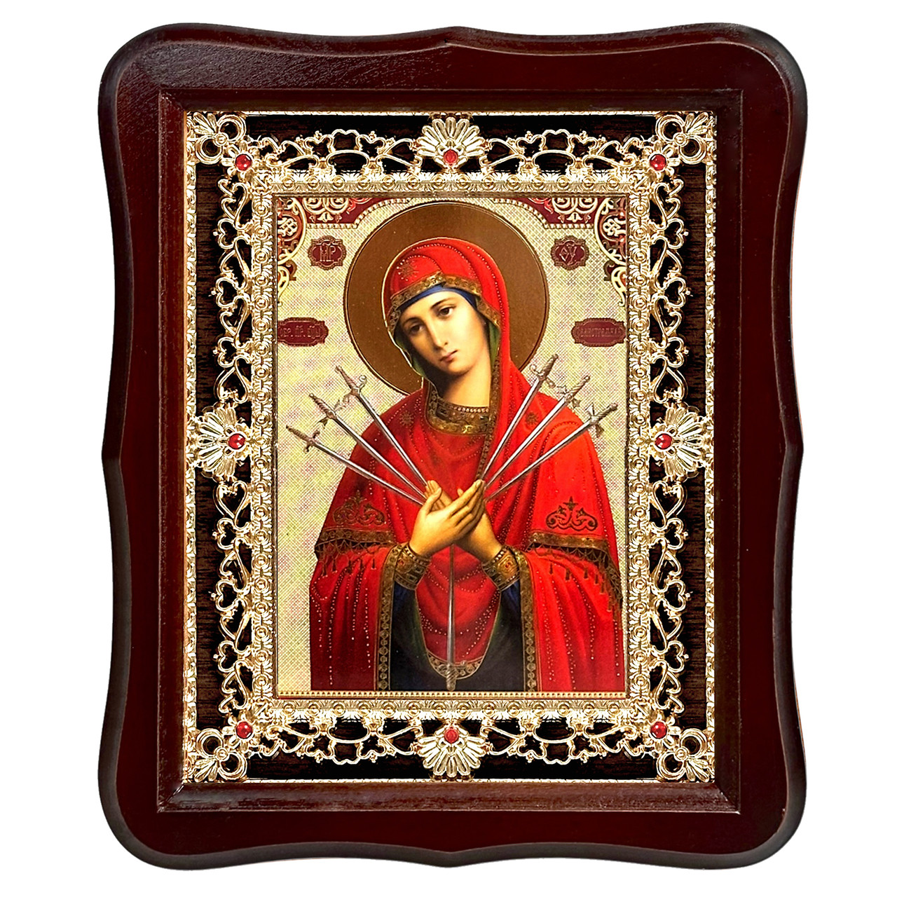 Ікона Семистрільна Пресвята Богородиця, лик 15х18 см, у темному дерев'яному кіоті з камінням, фото 1