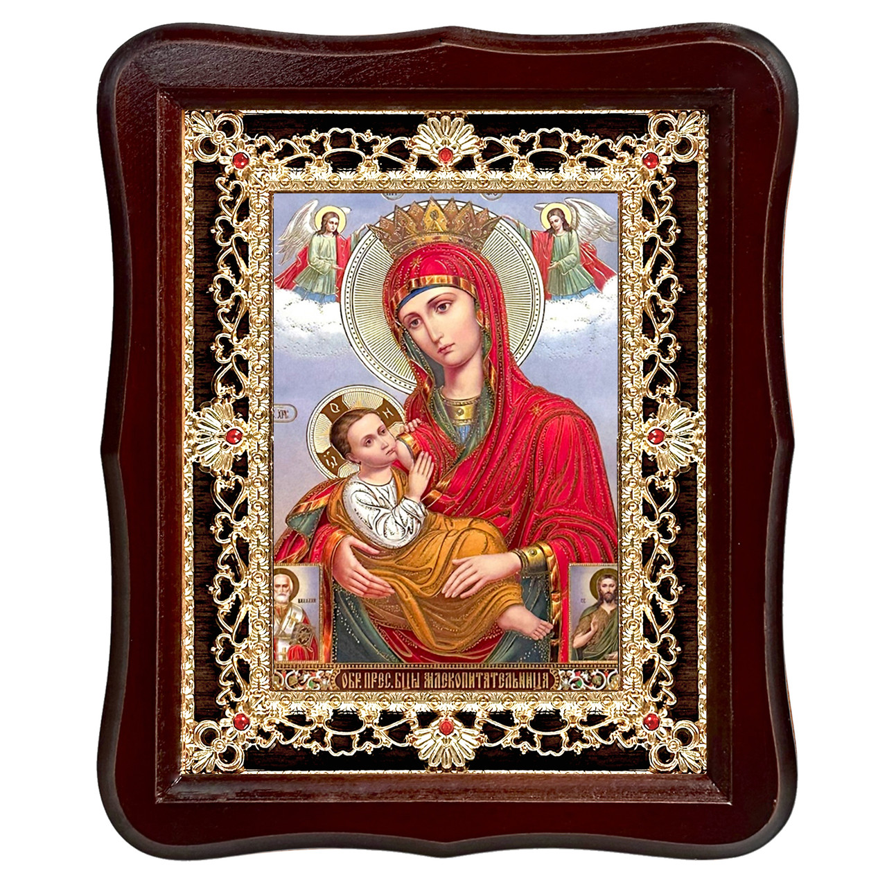Ікона Млекопитачка Пресвята Богородиця, лик 15х18 см, у темному дерев'яному кіоті з камінням, фото 1