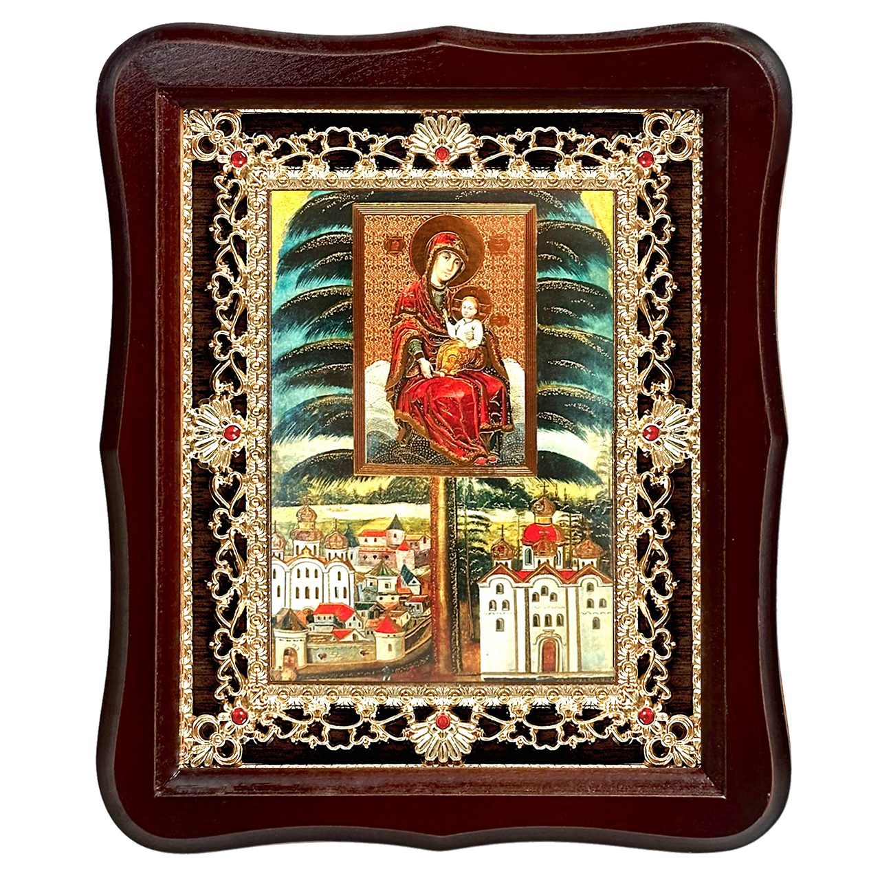 Ікона Троєручиця Пресвята Богородиця, лик 15х18 см, у темному дерев'яному кіоті з камінням, фото 1