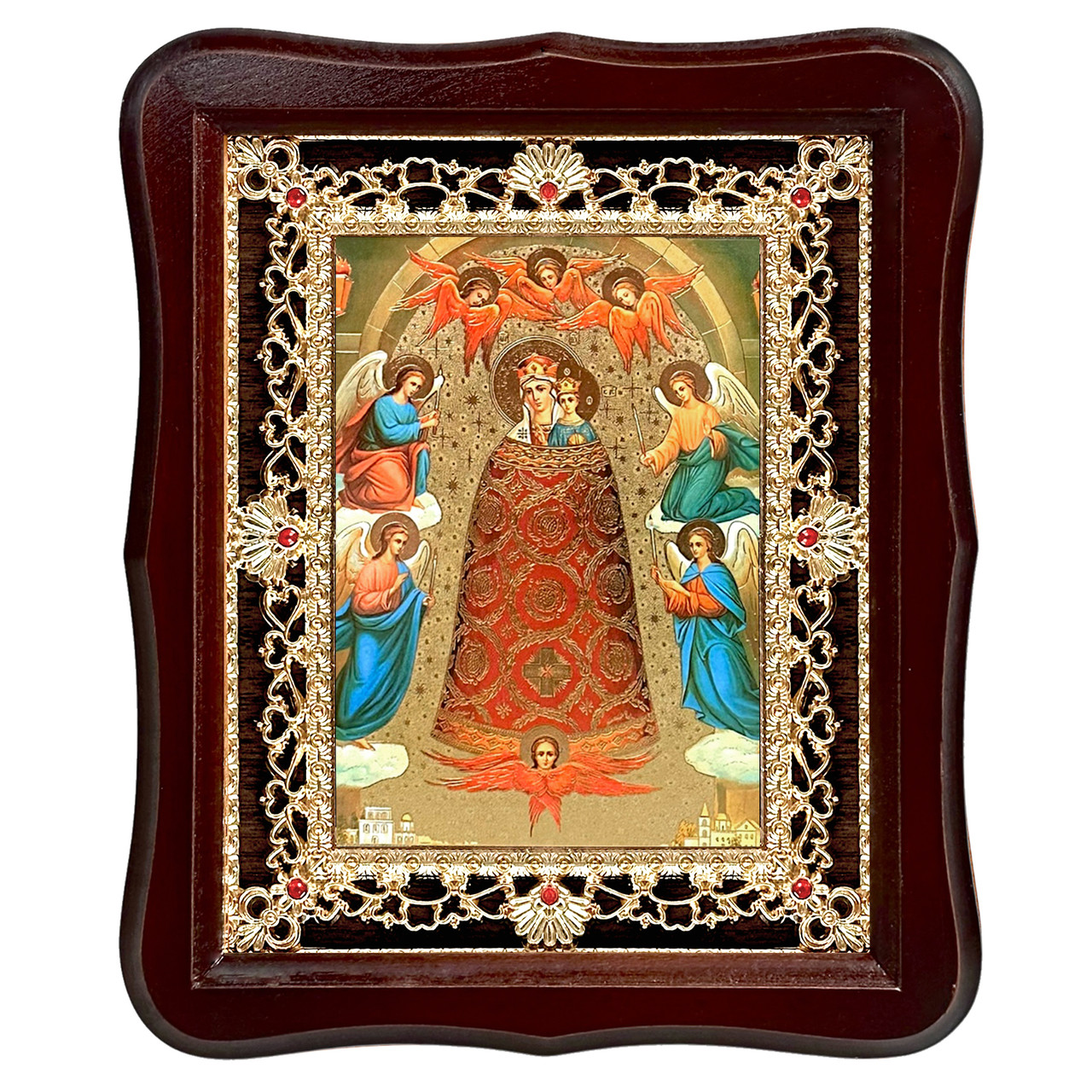 Ікона Додавання Розуму Пресвята Богородиця, лик 15х18 см, у темному дерев'яному кіоті з камінням, фото 1
