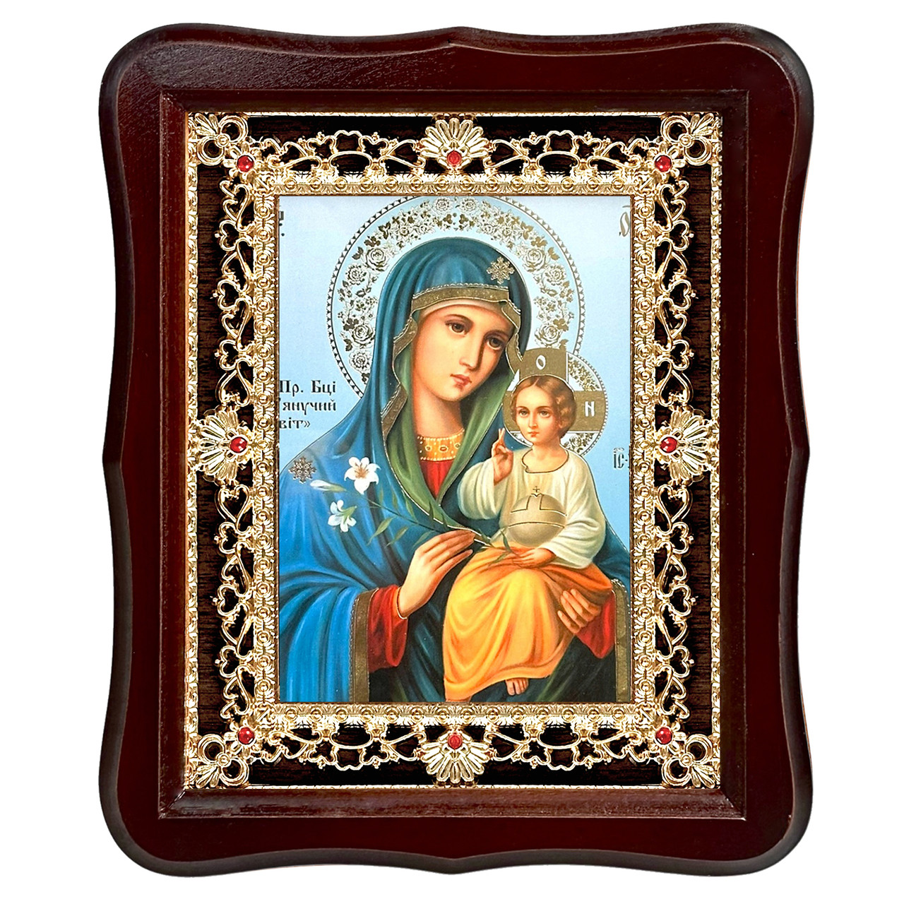 Ікона Нев'янучий Колір Пресвята Богородиця, лик 15х18 см, у темному дерев'яному кіоті з камінням, фото 1